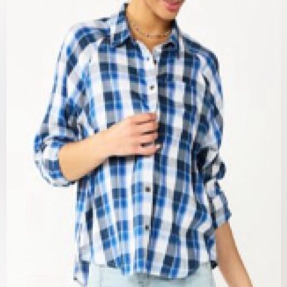 SO Junior’s Navy Plaid Long Sleeve Button Front Short Size XXL Casual - Picture 1 of 6